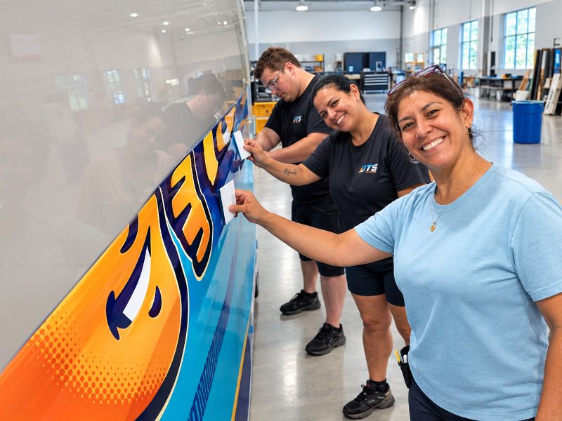 Installers fitting a printed panel to a vehicle together
