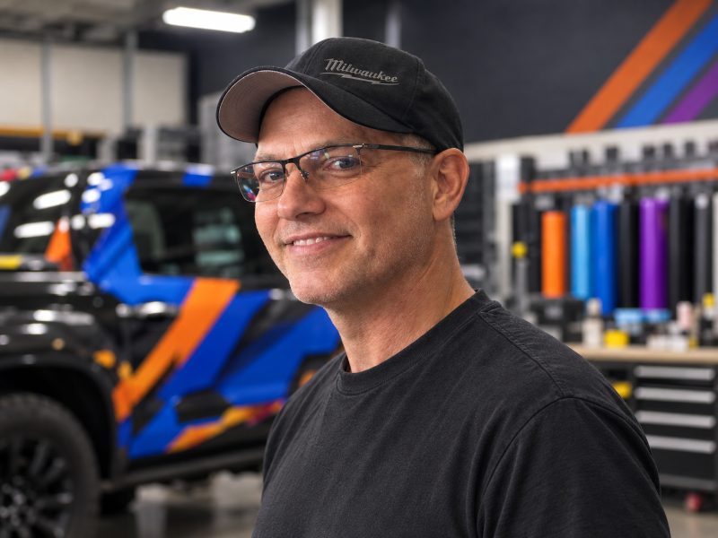 Vehicle graphics specialist in the shop, a wrapped truck behind him