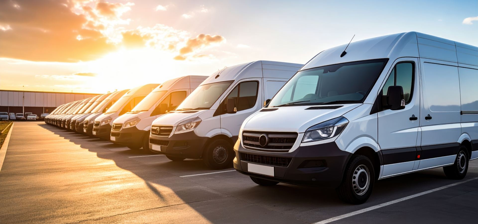 A row of white vans lined up at sunrise