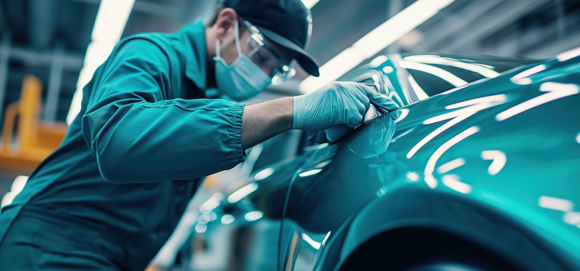 Installer smoothing a wrap onto a vehicle panel