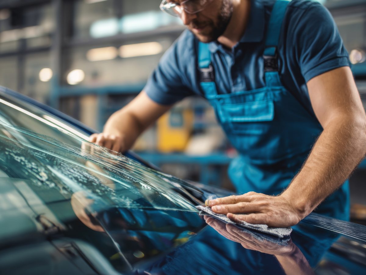 Installer fitting tint film to a windshield