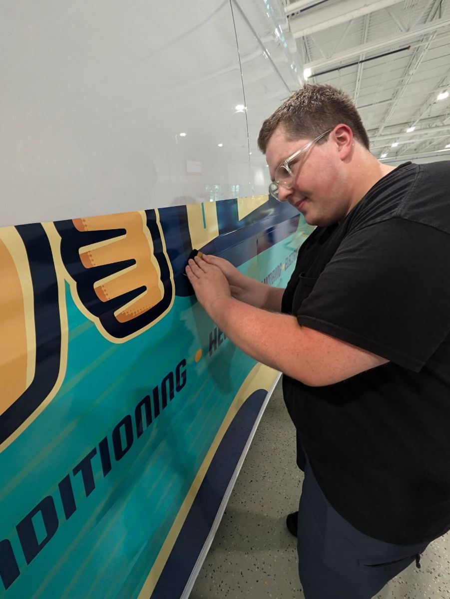 Panel graphics lined up before the final squeegee
