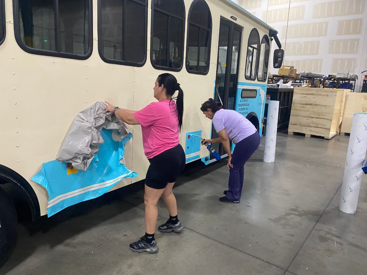 Trolley — original paint prepped and the first panels laid in